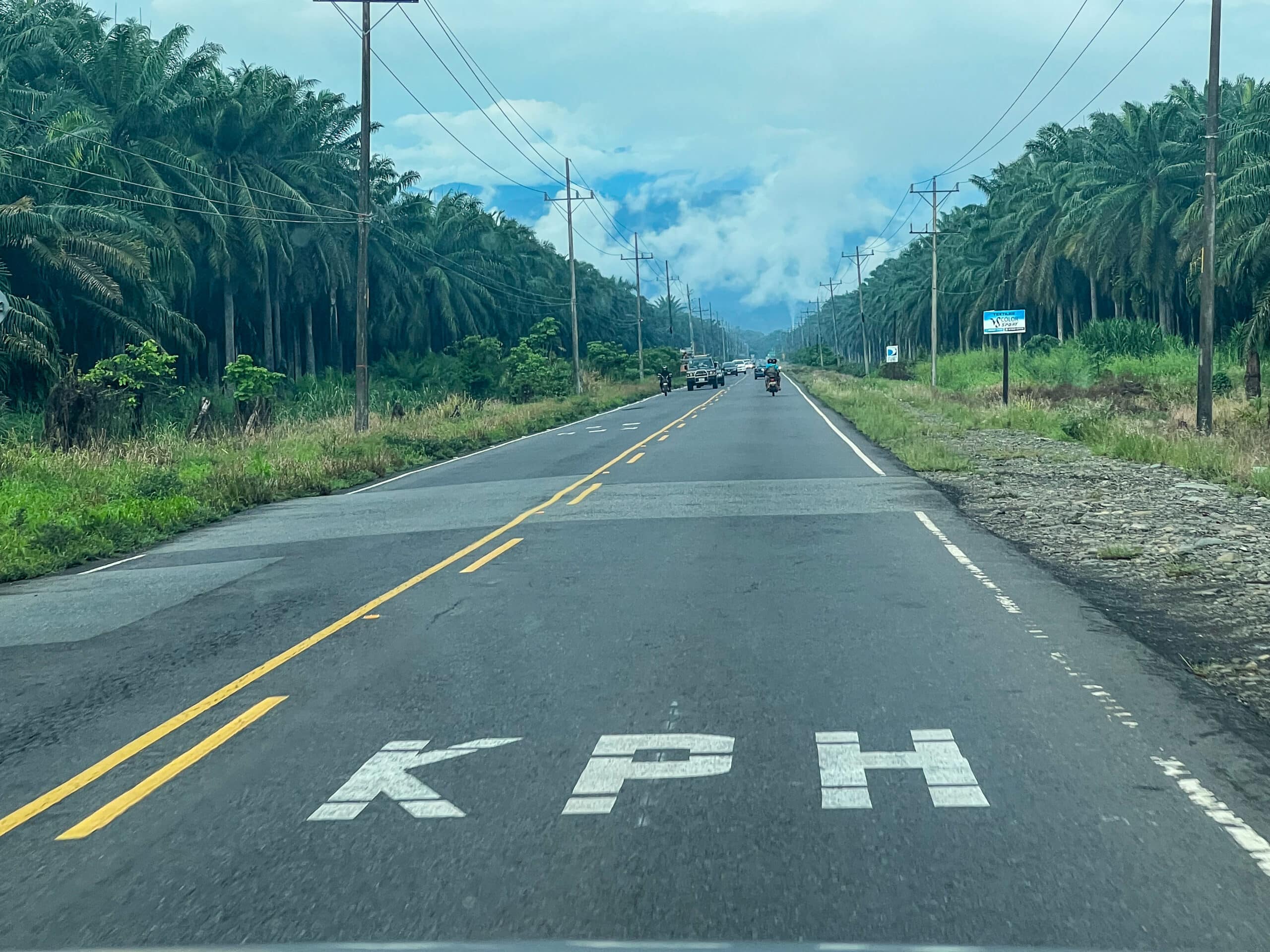 Tarmac Road in Costa Rica with KPH road markings and yellow lines. Palm trees on either side of road