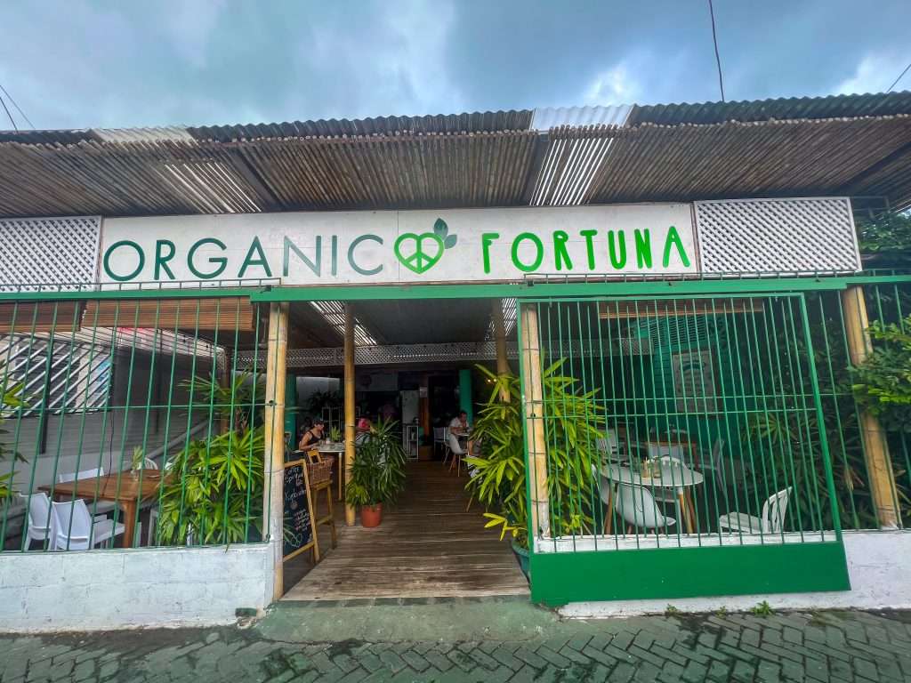 A fairly ramshackle restaurant front with wrought iron roof. It says Organic Fortuna over the door in green. There are green bars in front of the restaurant space and potted plants throughout. Cloudy sky above