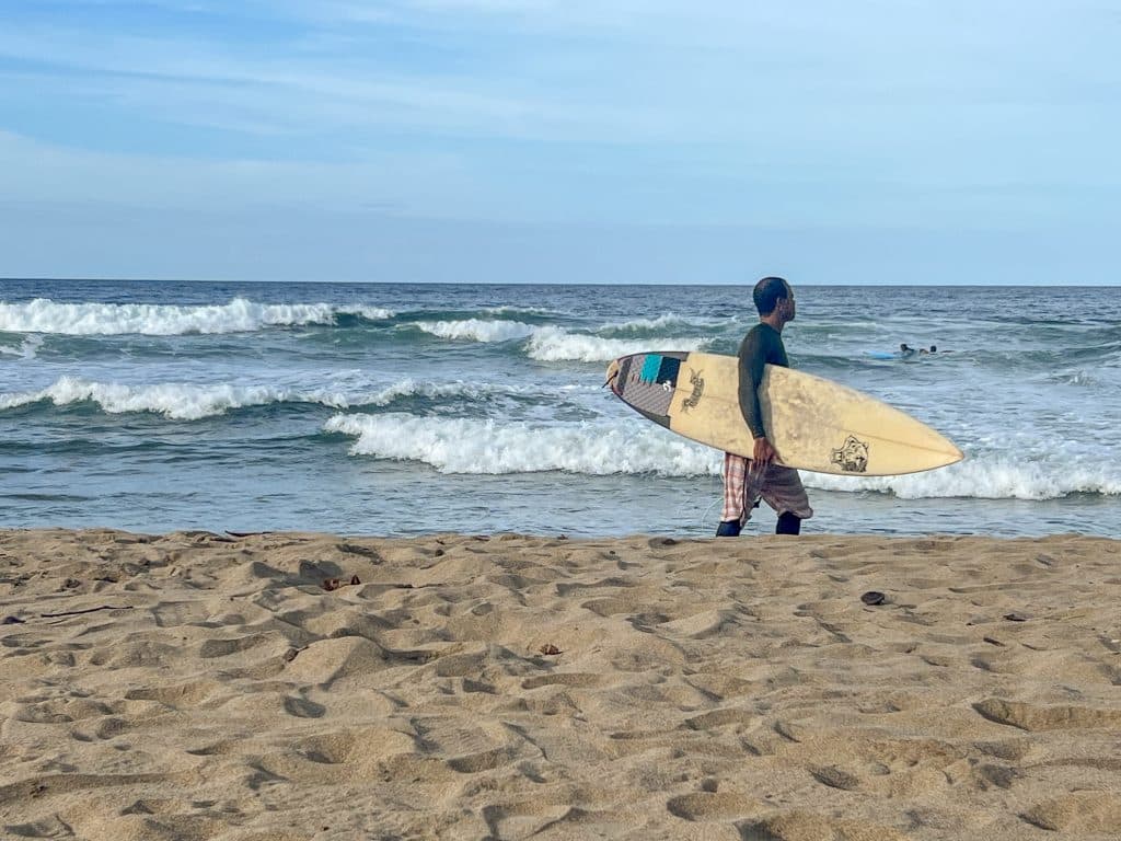 Golden sand in the foreground, then waves and blue sky. A surfer carrying his surf board is walking towards the right hand side of the photo as if leaving the beach