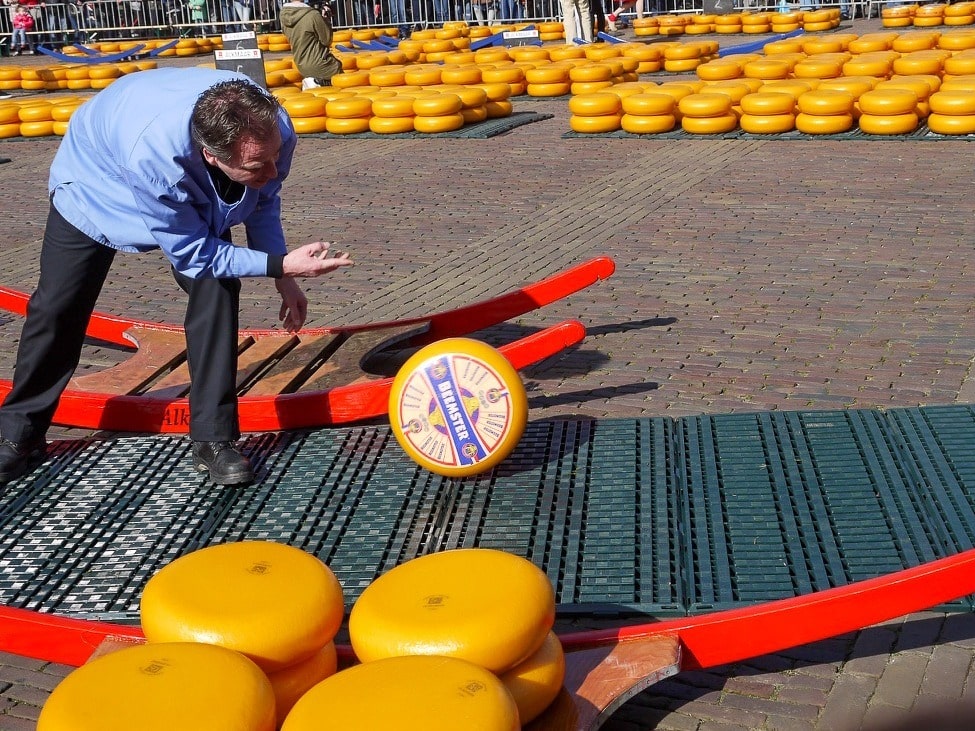 Man wearing pale blue top is rolling a large orange round of cheese along the ground. There are other orange rounds of cheese in the foreground, and stacked in the background