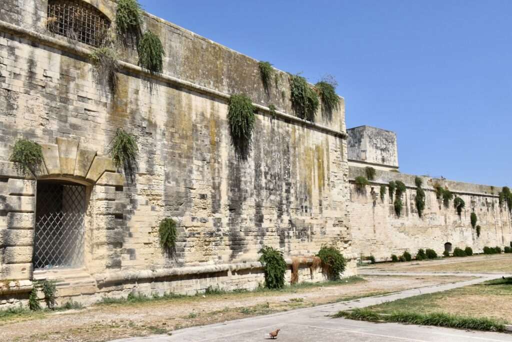 The side of an old building which looks like a fort or castle. Blue sky top right. Some greenery growing on the walls and in front.