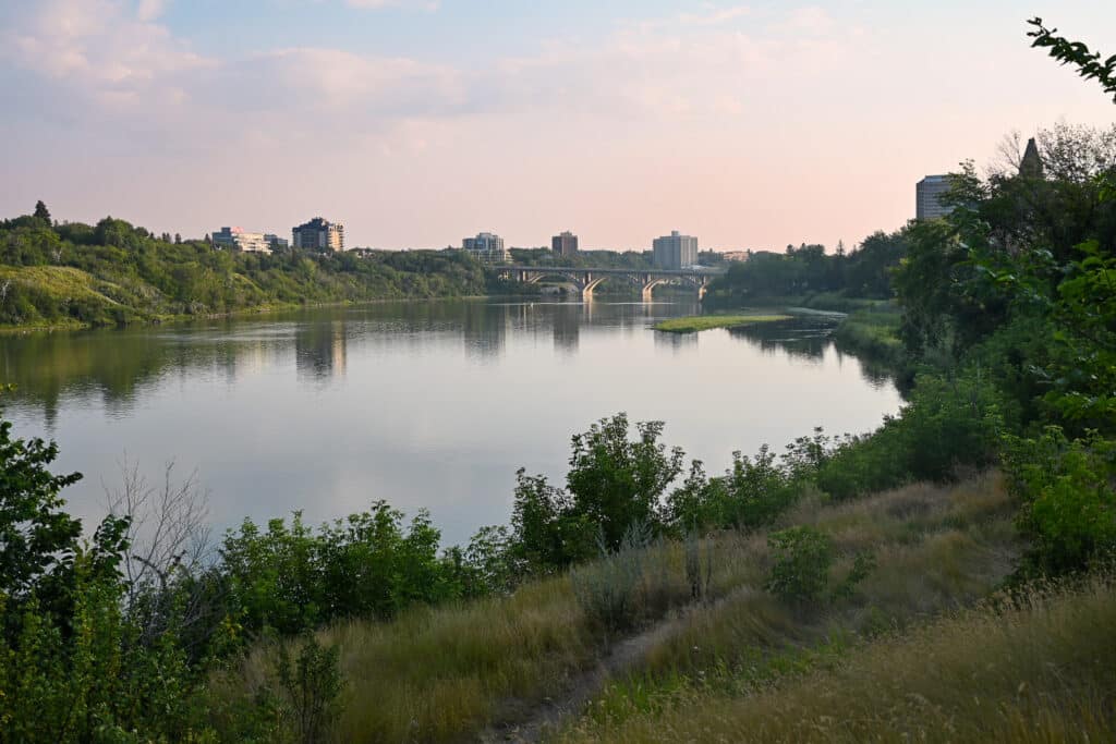 Soft evening view of the South Saskatchewan River in Saskatoon, with calm reflective water, lush green riverbank vegetation and a dirt path in the foreground, an arched concrete bridge spanning the river, and the city skyline of high-rise buildings under a pastel pink and blue sky.
