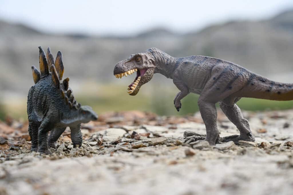 Close-up of two plastic dinosaur toys on rocky badlands ground near Drumheller — a gray Stegosaurus on the left facing a roaring brown-and-black striped Tyrannosaurus rex on the right, with soft-focus hills in the background.