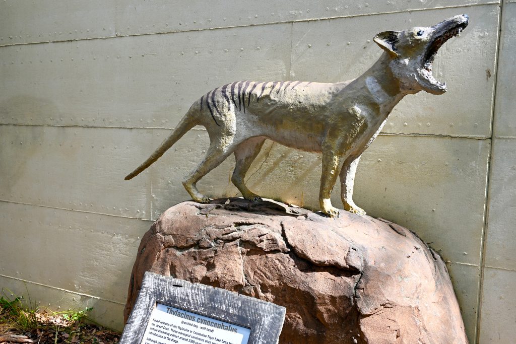 Statue of a dog like creature outside a concrete building