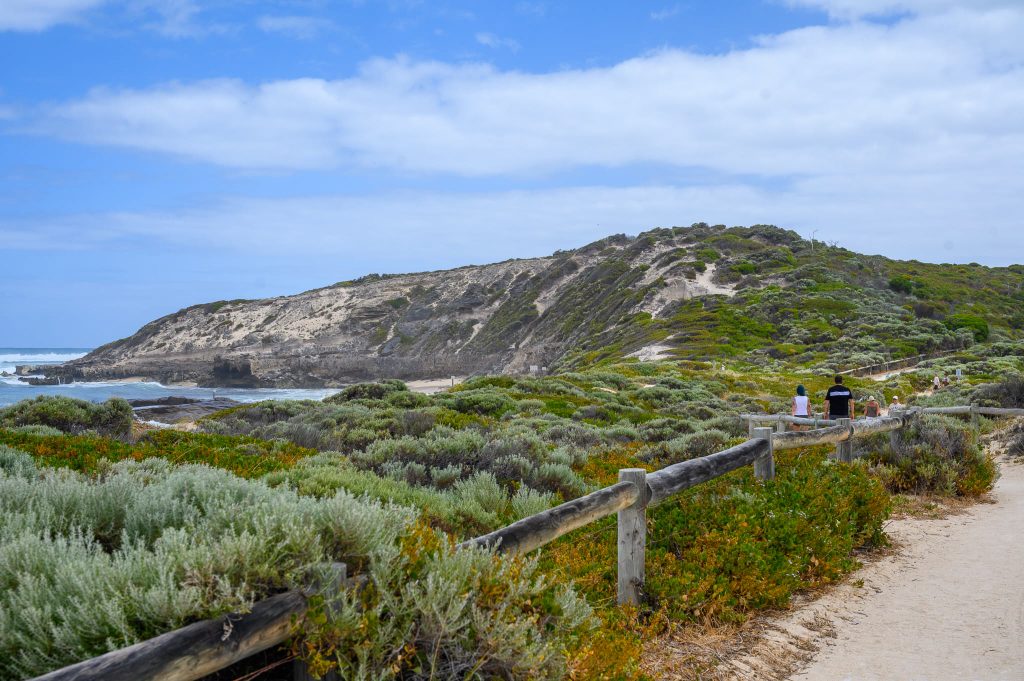 View from a path across scrubland to a headland. Ocean to the left. Cloudy blue sky above