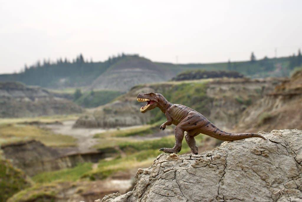 Photo of badlands terrain (rocky with grass) and a dinosaur T rex sculpture on the rock in foreground