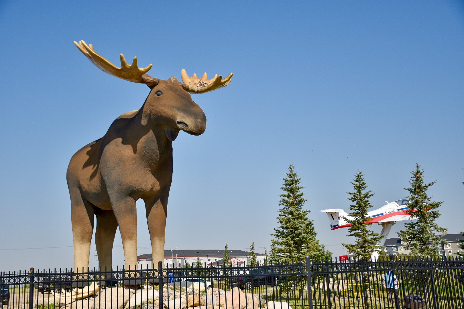 Blue sky, railings in the foreground.  Large Moose statue on left hand side of photo