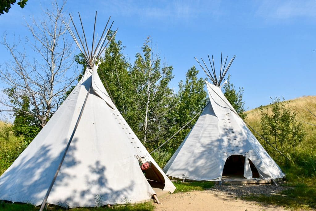 two white teepees set against green shrubs and a blue sky