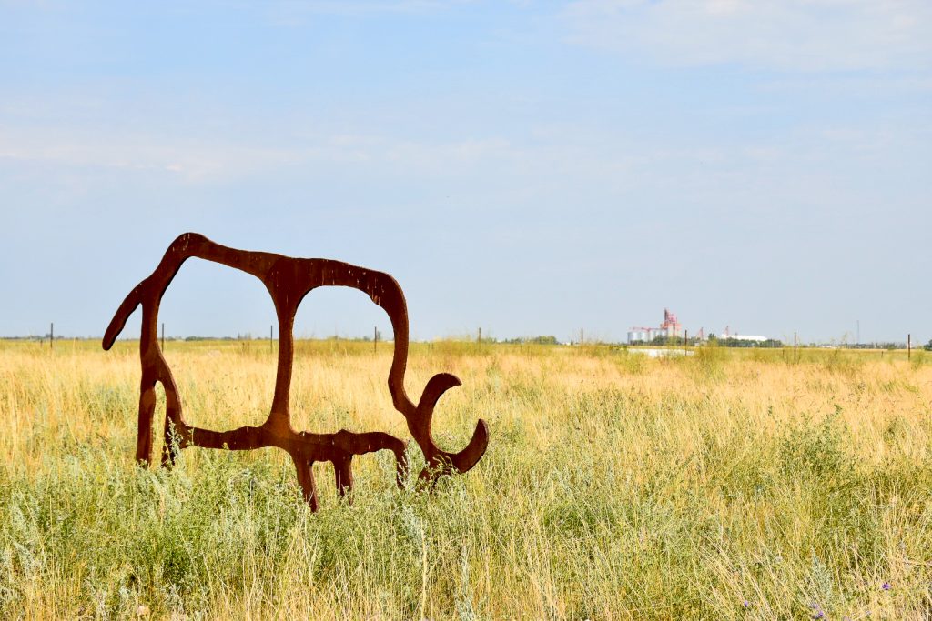Bottom half of photo is yellow and green grassland. Top half of photo is pale blue-grey sky. To the left of the photo is a rust metal sculpture of the outline of a bison