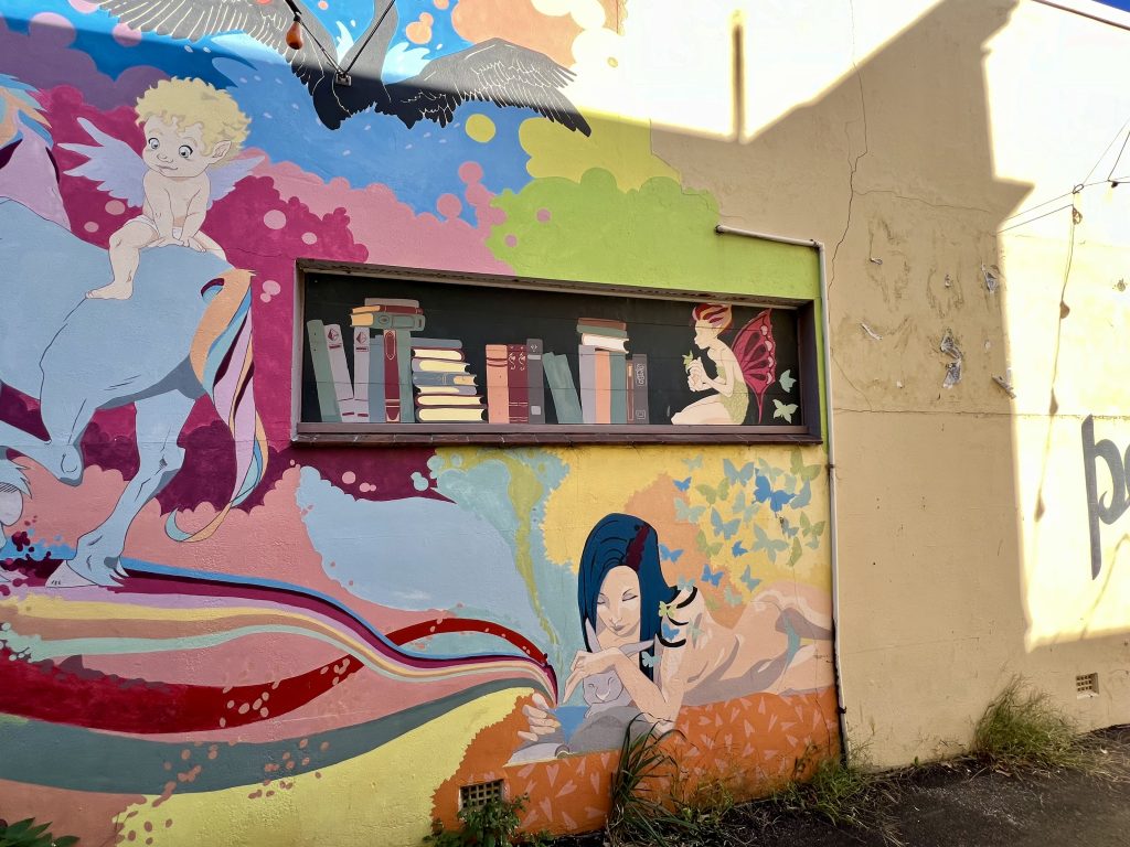 Mural on side of building - multicoloured with row of books