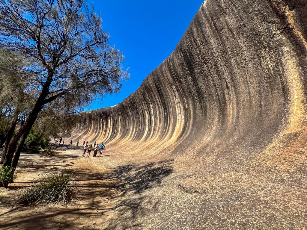 Stripey rock formation which extends from the right of the photo to the distance in the left. The rock is curved over at the top, wave shaped. Clear blue sky at top of photo and tree on the left.