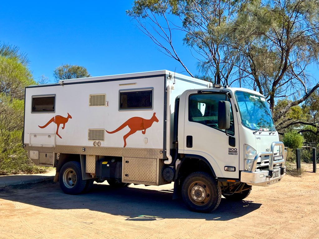 Photo of white motor homevan decorated with stencils of brown kangaroos. Parked against a blue sky with trees to the right
