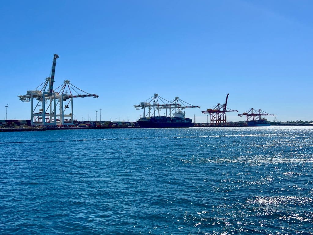 Blue sky, darker blue water and across the horizon a row of port cranes