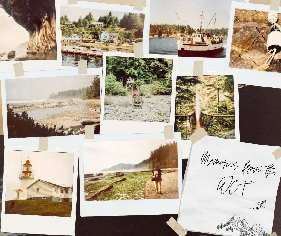 Collage style photo of 9 polaroid photos and a post it note taped to a board. The polaroid photos contain pictures of washed out, faded scenes of a walking trip outdoors. The post it note says 'memories from the WCT'