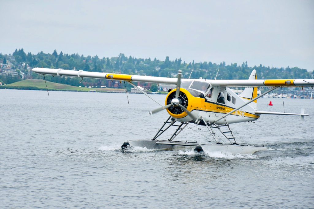 Yellow and white flat plane landing on a flay lake with grey sky behind. Row of green trees on the horizon
