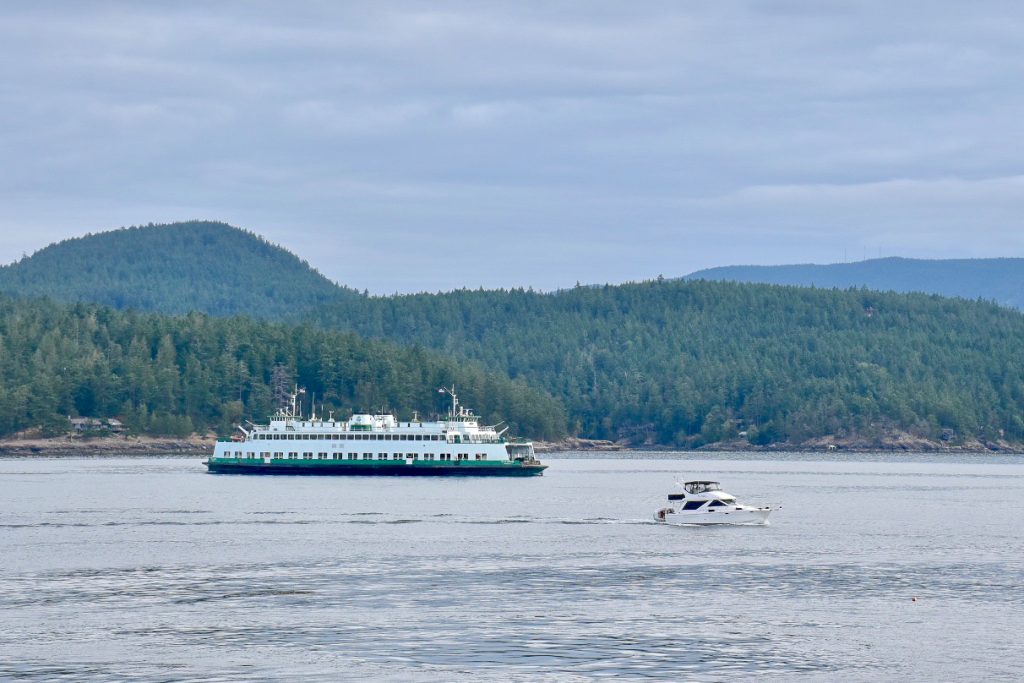 Grey water at the bottom and great sky at the top. Stretch of green forested land across the middle of frame. White and green ferry moving from left to right of the frame. A small white boat sailing in front of the ferry to the bottom right