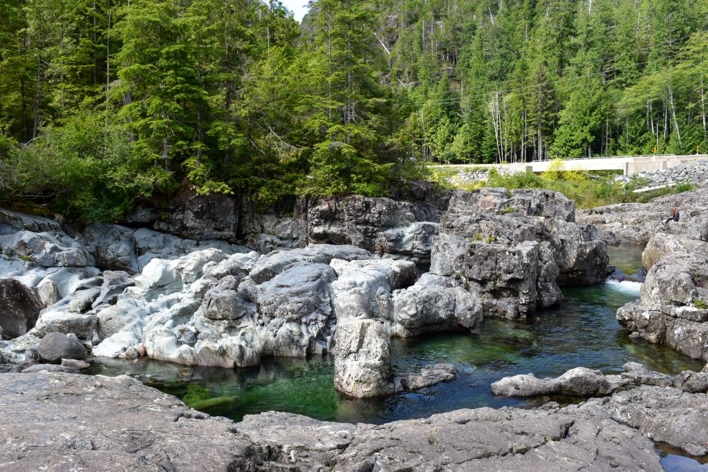 Top third features green fir trees, bottom two thirds features a large stream of water running through high sided rocks on a bend in front of the frame