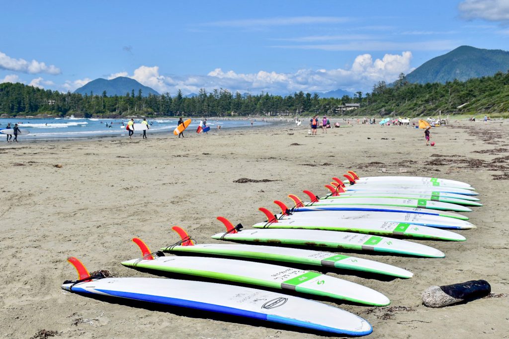 Surfboards on Cox Bay Beach, Tofino, Watersport experience