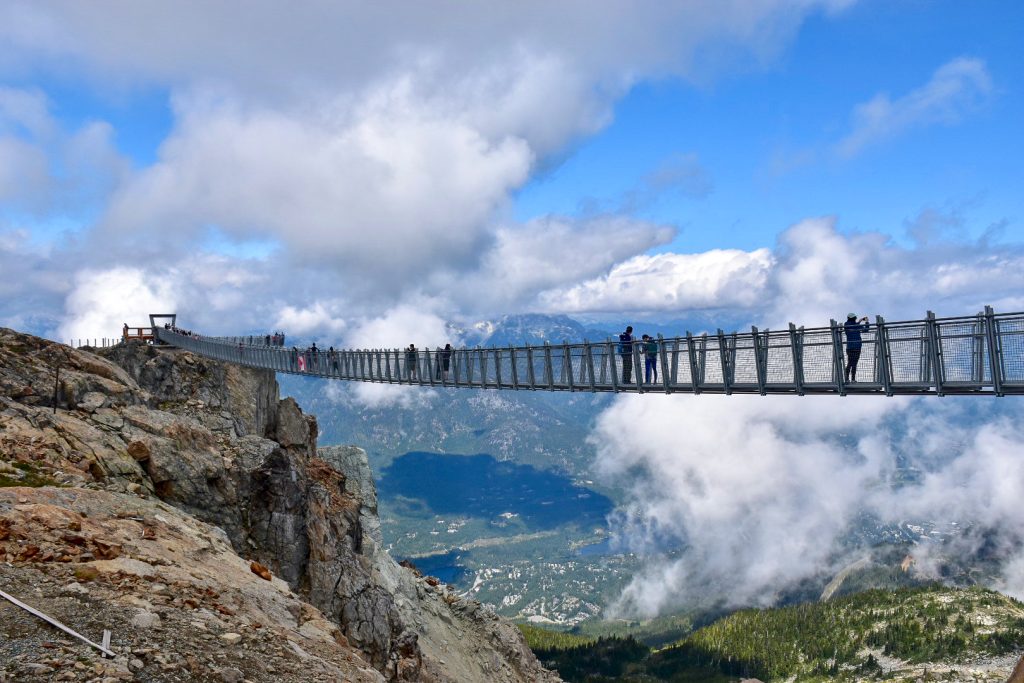 Photo taken at the top of a Rocky Mountain looking down into a green valley below. Across the middle of the photo (in front of a blue sky filled with white cloud) is a metal walkway bridge with some people walking across and taking photos of the view
