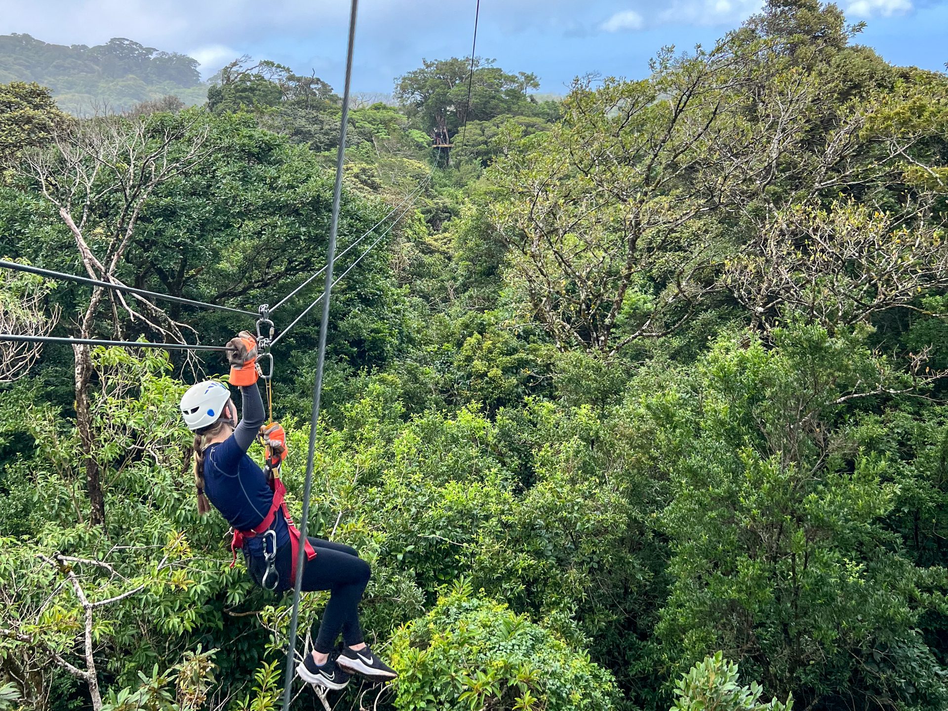 A frame filled with dense green trees. The view is across the tops of the trees and there is a zip wire running from the bottom left to the top left of the photo. A girls in navy blue, white helmet, gloves is moving down the zip wire