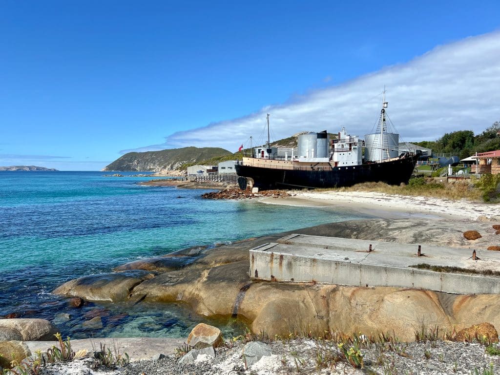 Photo of a white sandy bay with turquoise waters to the right and a blue sky above. An old fashioned whaling boat sits on the shore to the right hand side, in front of the buildings of an old whaling station