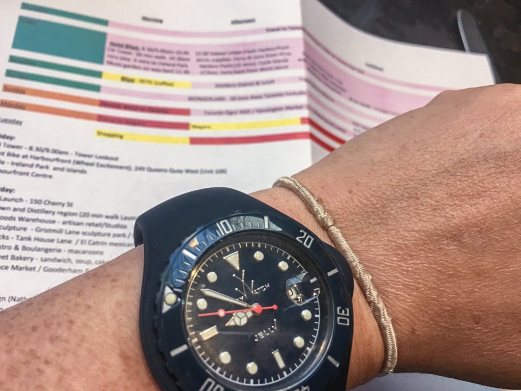 In the background is a white sheet of paper with type and coloured highlights on it. In the foreground a wrist showing navy blue watch face with white markings to the camera