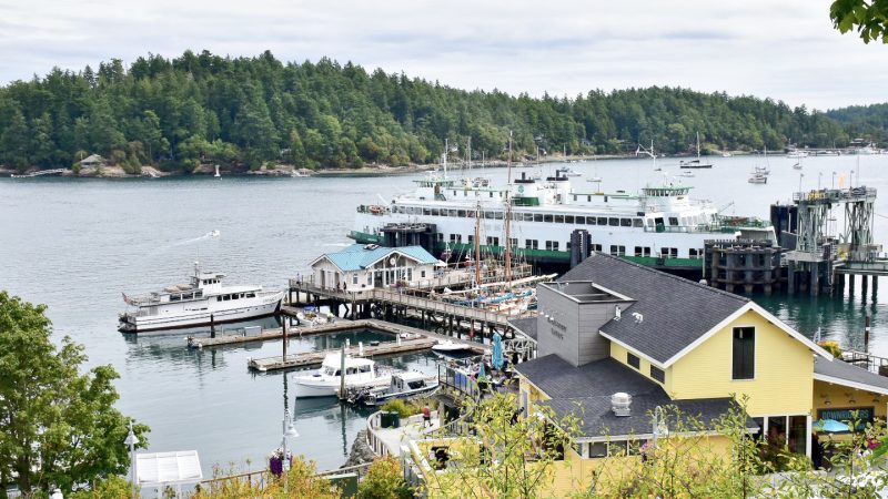 Bottom two-thirds of frame features a small harbour with yellow building, pier, boats moored up and a white and green ferry. Pale grey water in the harbour, green fir trees on horizon and pale grey sky