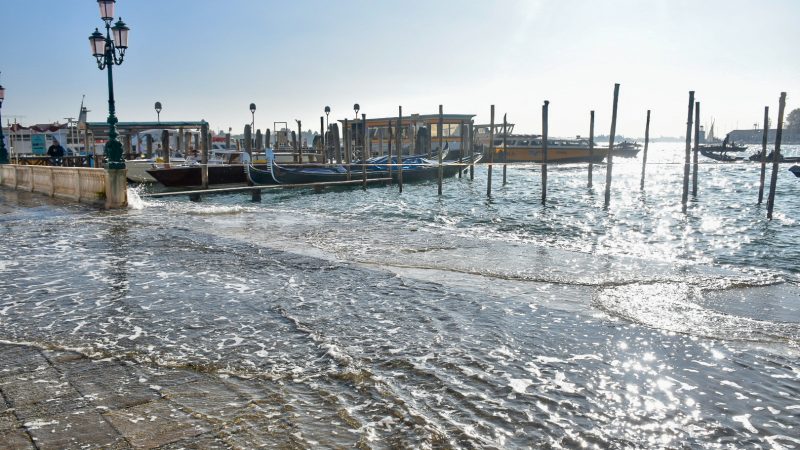 Scene of the water front with the the sunshine in the background. Water is flooded onto the pavement areas. Gondola boats and wooden posts on the water