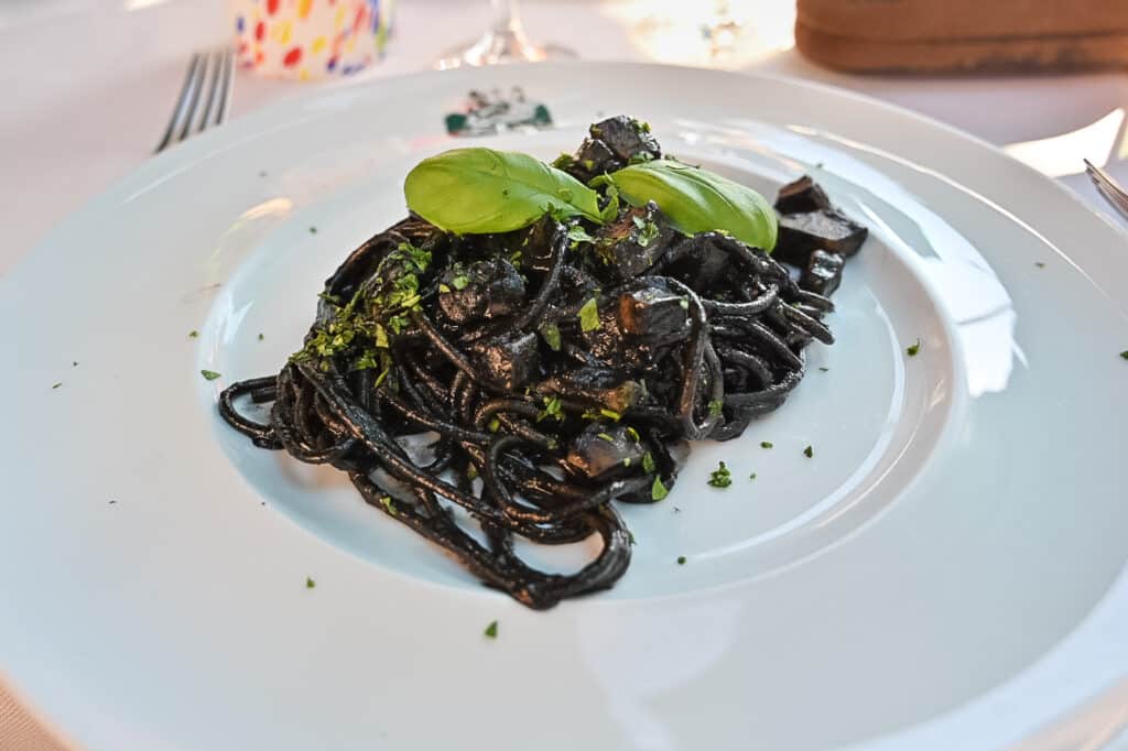 White plate of black squid-ink spaghetti with diced cuttlefish or fish, chopped parsley and two basil leaves, photographed on a sunlit table at Trattoria da Romano on Burano.