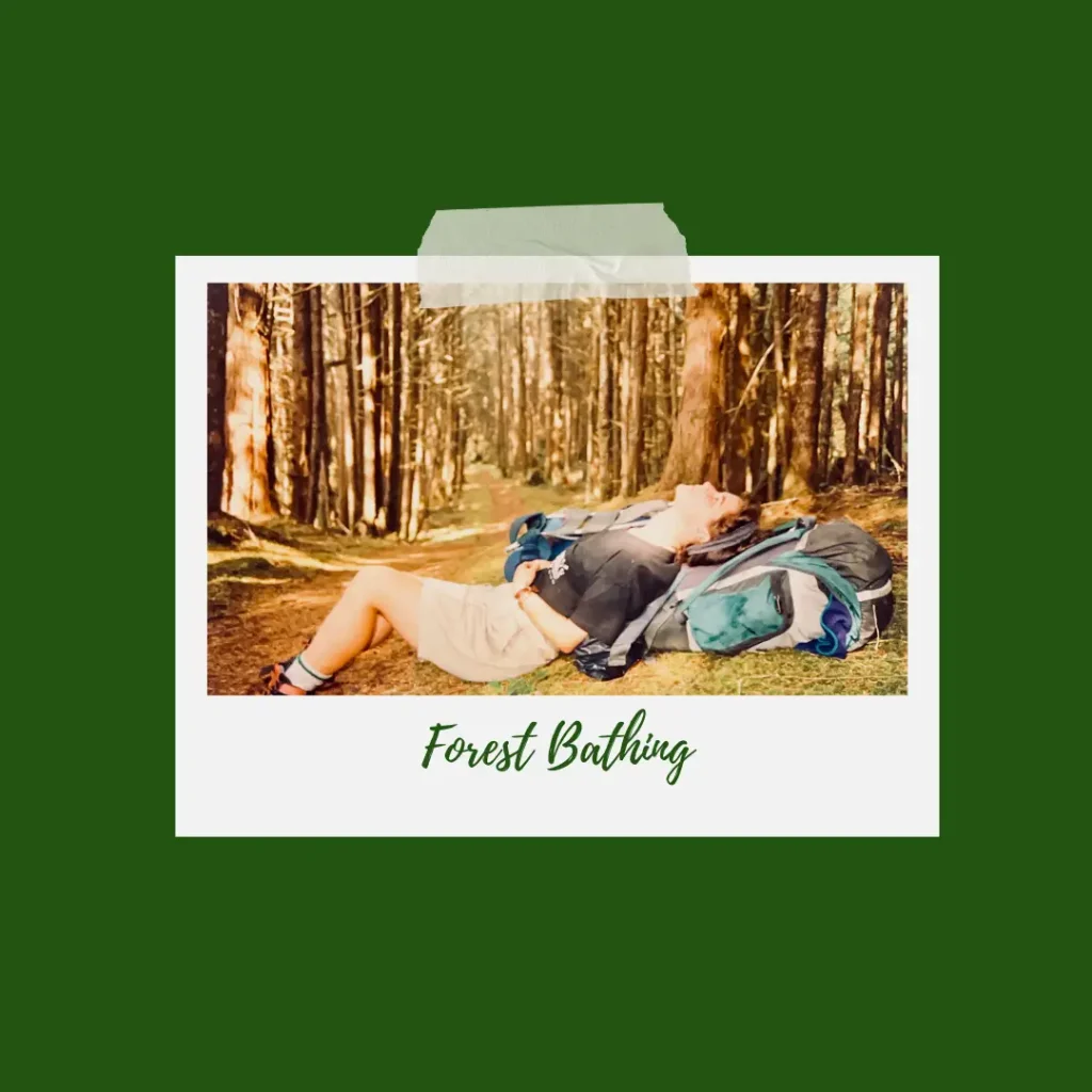 Forest green background. Polaroid photo print in the middle held on by piece of sticky tape. The photo on the polaroid is of a lade reclining across a path in a forest, she is leaning back on a green and grey rucksack. Under the photo it says 'Forest Bathing' in green handwriting
