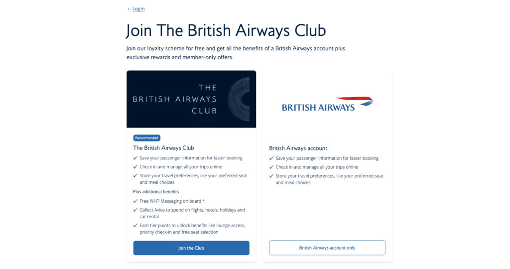 British Airways sign-up page comparing two options side by side: the recommended British Airways Club, with extra benefits including Avios, tier points and free onboard Wi-Fi messaging, and a basic British Airways account with passenger details, online check-in and travel preferences only.