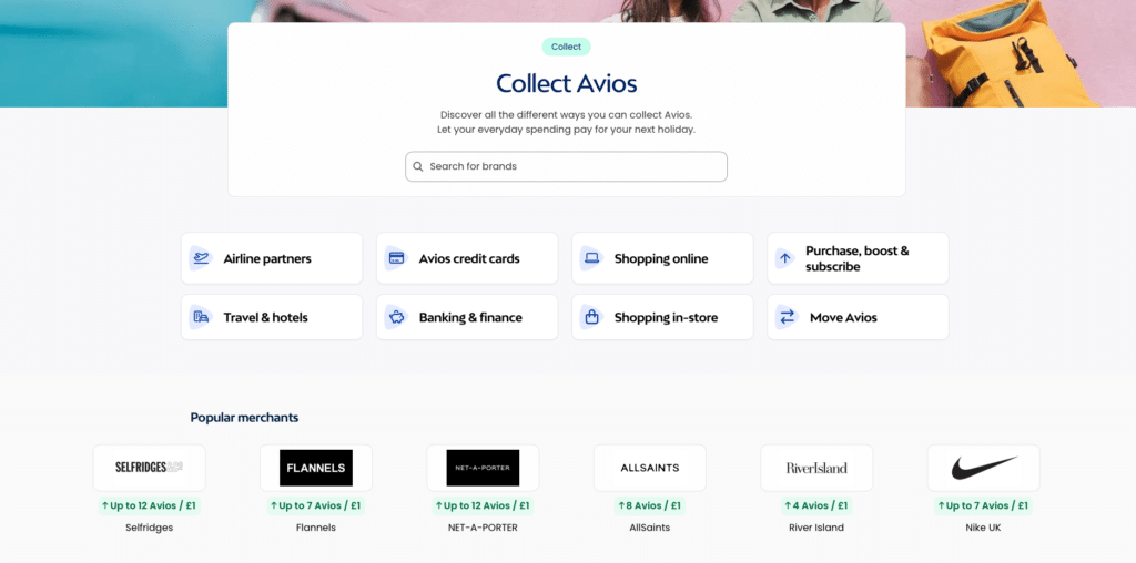 British Airways Collect Avios page with a brand search box, eight earning categories including airline partners, Avios credit cards, online and in-store shopping, travel and hotels, and a popular merchants row showing Selfridges, Flannels, NET-A-PORTER, AllSaints, River Island and Nike UK with their Avios-per-pound rates.