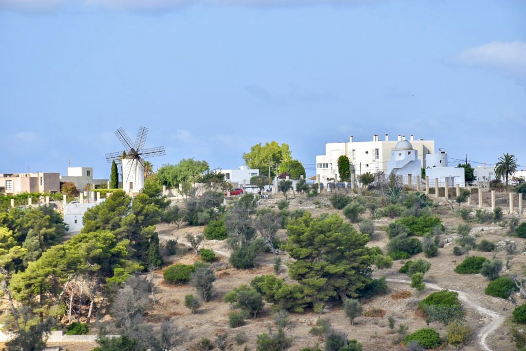 Landscape view across to a hill in the distance. Brown land with green trees on it. A cluster of white washed building on top of the hill including a simple white windmill to the left hand side. Blue sky above