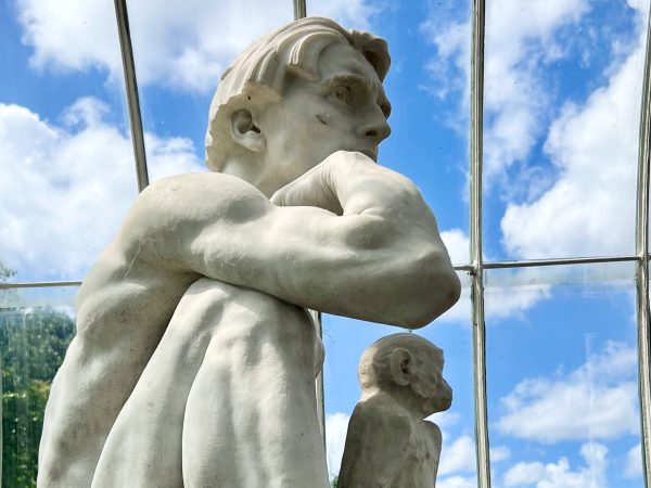 White marble statue of a man in a thinking pose, with a monkey sitting next to him but looking out of the window behind. The shot is taken upwards through panes of glass to a blue sky with white clouds