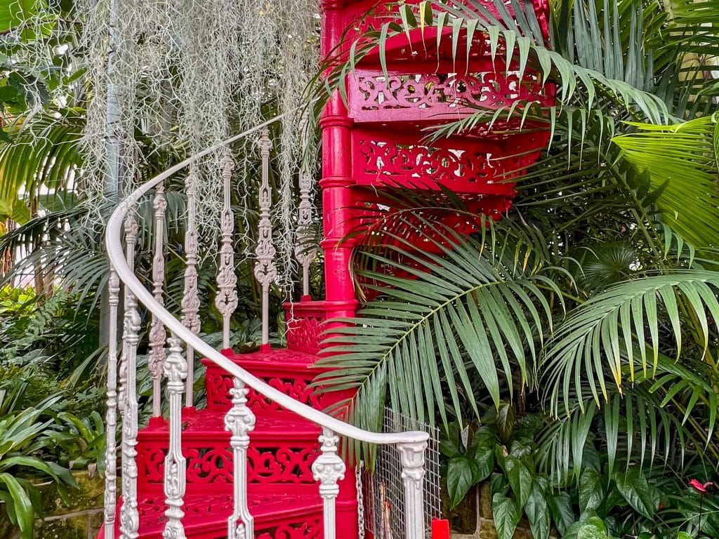A wrought iron spiral staircase winds from the bottom to the top of the photo. It has white railings and the stairs are painted red. Tropical plants are surrounding the stairways