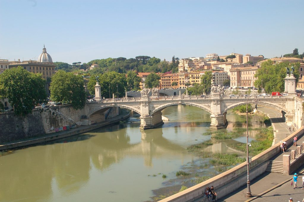 Looking down on a milky grey river bending from left to right. An ornate white stone bridge over the river. Orange and cream buildings with red roofs on the horizon. Green trees to to the left