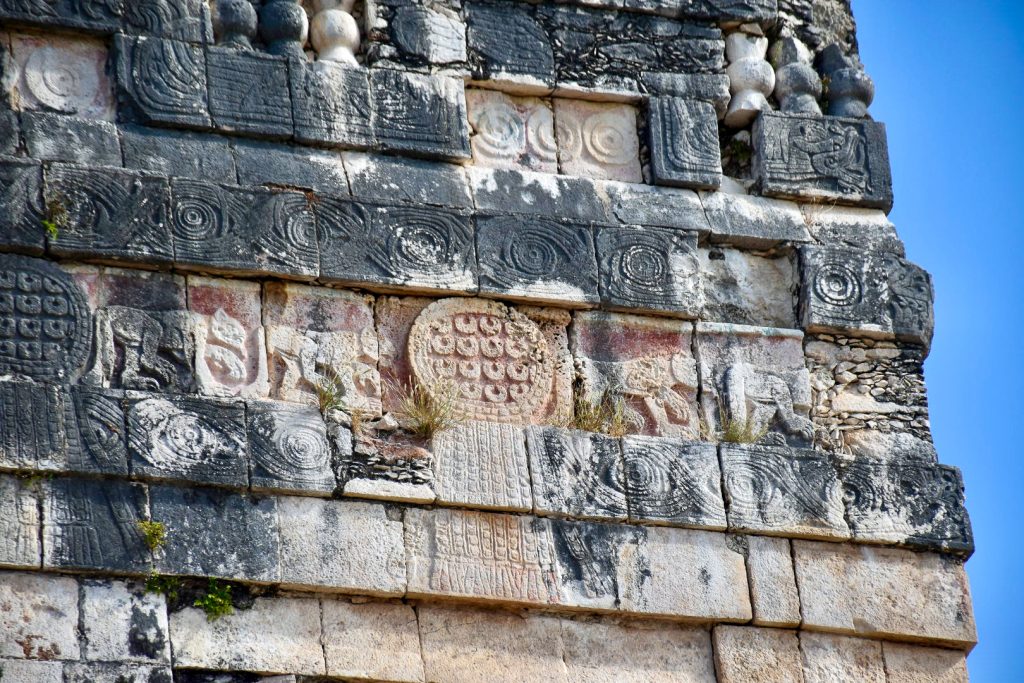 Close up photo of a stone block wall full of carvings. You can see carvings of jaguar some of the bricks along with other designs