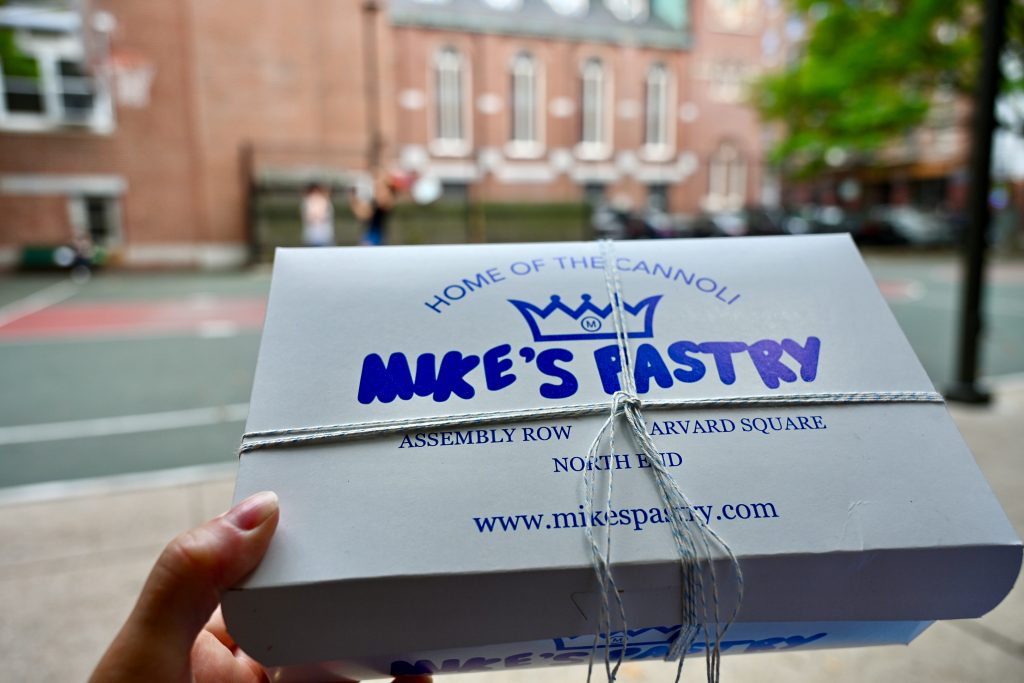 White rectangular box being held up to the camera. It is tied with string and features blue lettering which says 'Mike's Pastry, home of the cannoli' with locations and website. Red brick buildings out of focus behind