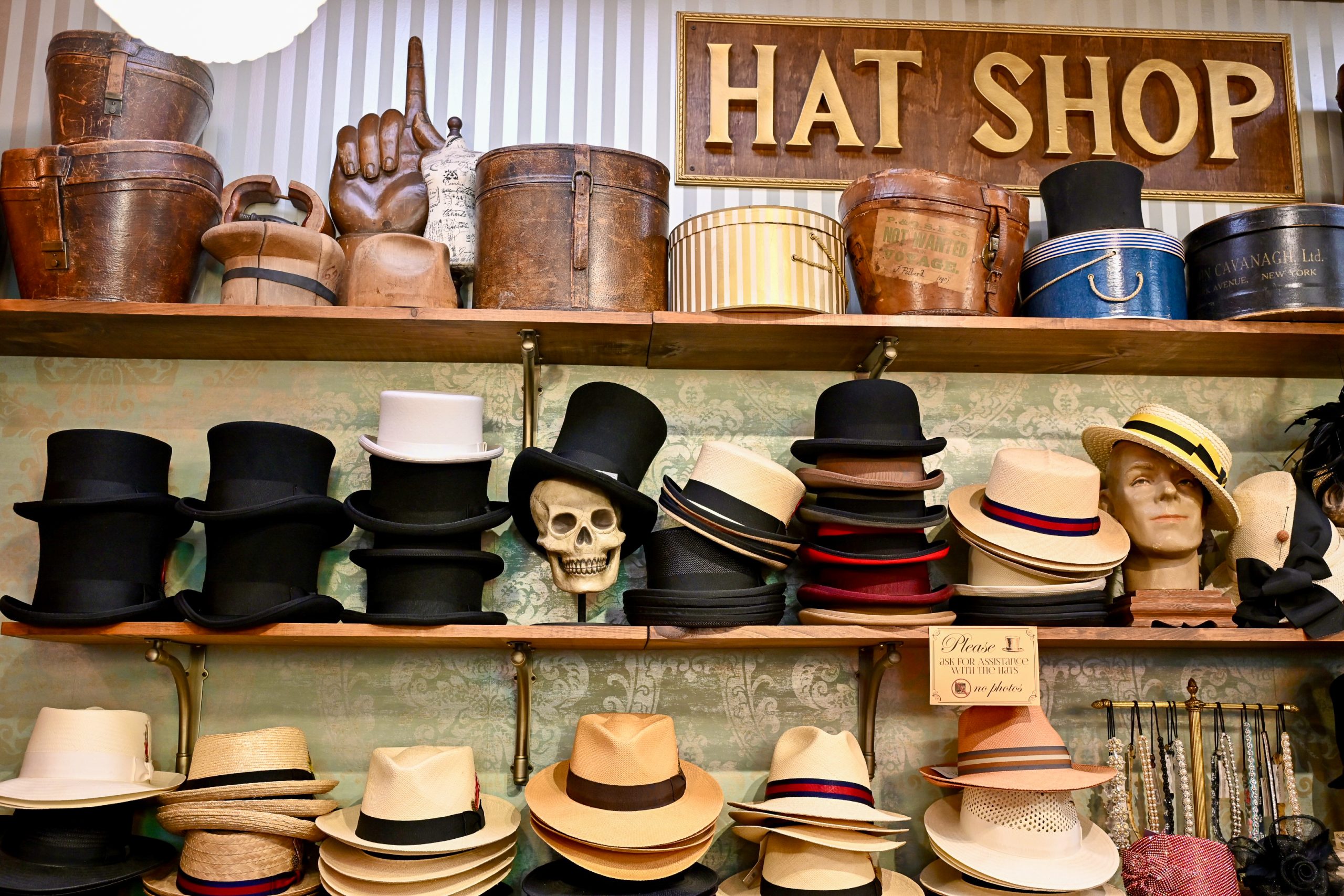 Witches’ hats on display at Emporium 32 in Salem