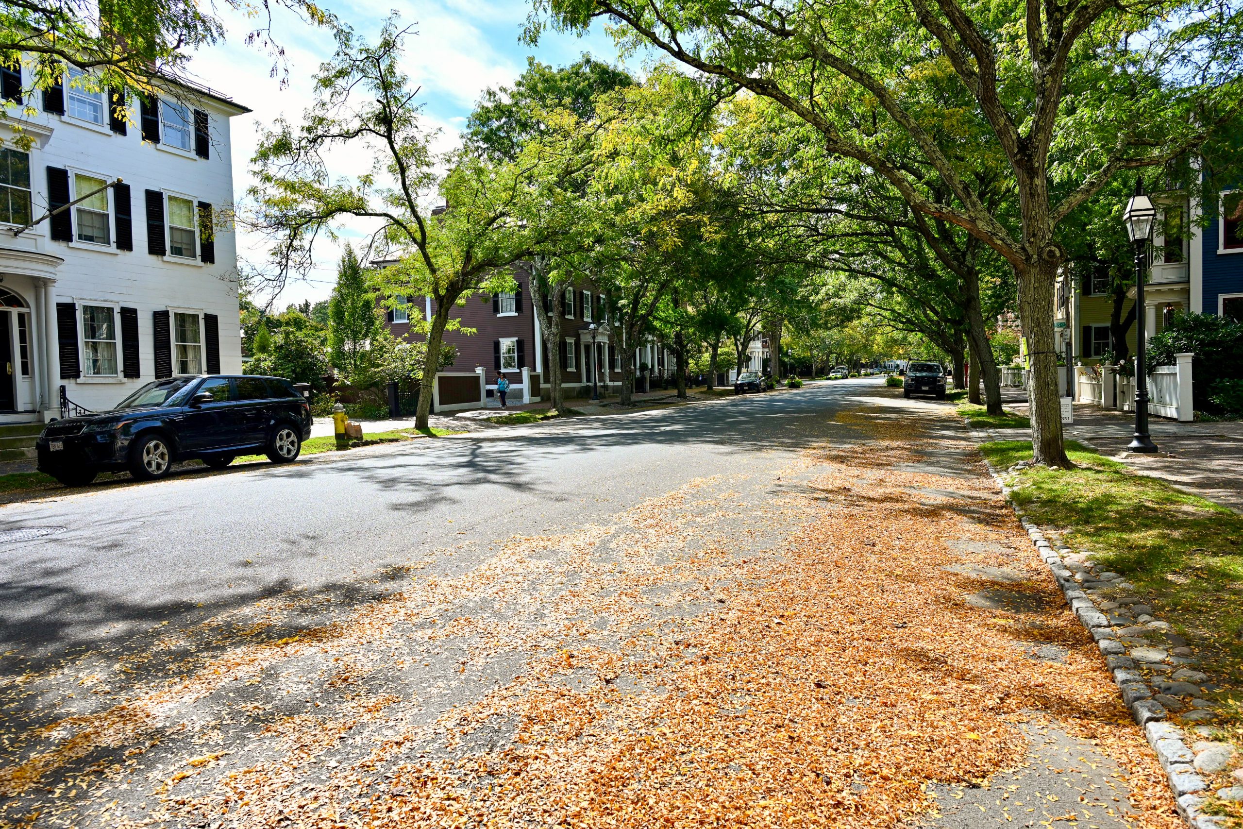 Grand houses with autumnal Halloween displays on Chestnut Street, Salem