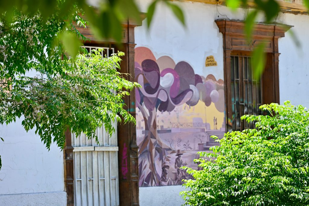 View through some foliage to the white wall of a building with two wooden windows and doorway. Inbetweeen is a pin mural of a tree and buildings.