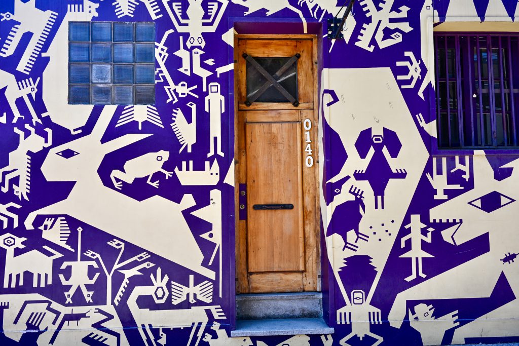 The side of a building with a wooden door in the middle, a barred window to the right and small glass panelled window to the left. The whole wall is painted with purple and white geometric design featuring human figures and animals