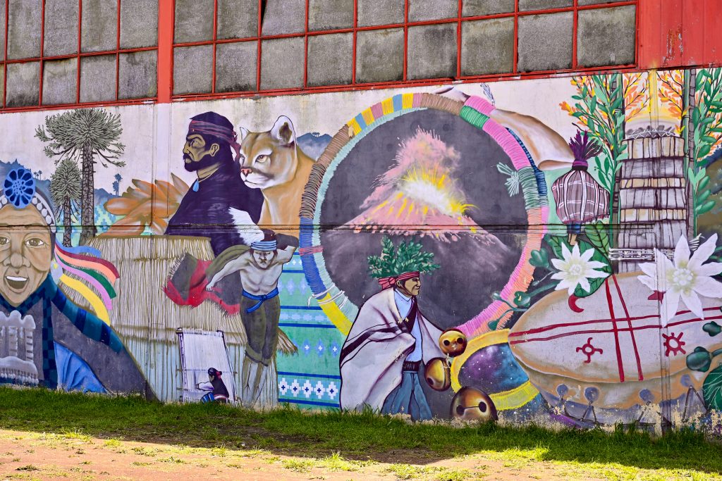 View of a painted mural covering a wall with small view of grass in front and panels of glass above. The mural features a volcano, puma, flowers, monkey puzzle tree and indigenous peoples