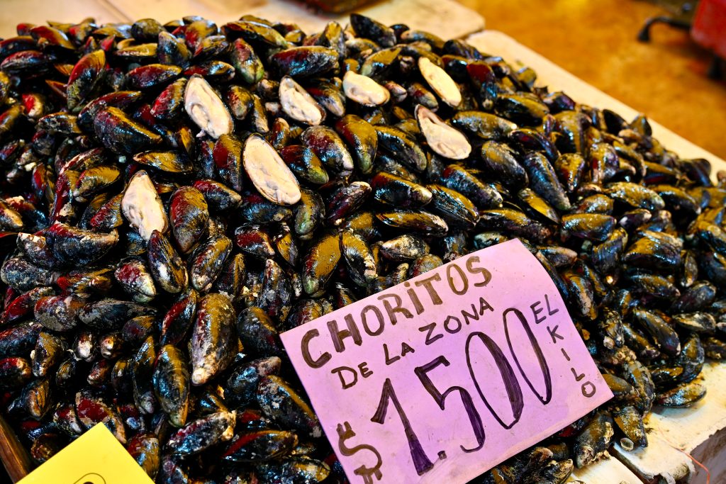 A large pile of mussels fills the frame. There is a purple sign saying 'Choritos de la Zona $1.500 el Kilo'