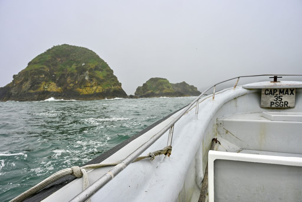 View from inside a white boat which is heading out to sea with two grass covered hills to the left hand side. Grey sky, looks rainy