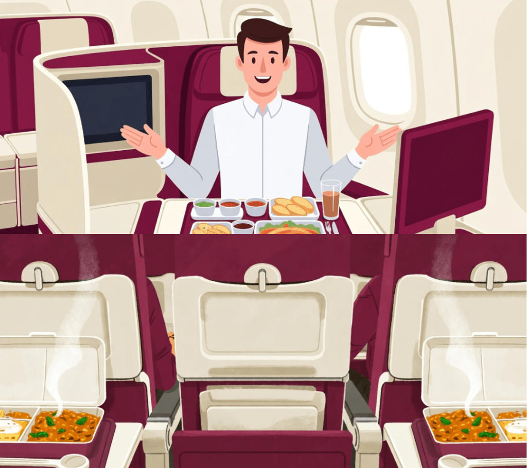 Qatar Airways Business vs Economy Class allergy audit graphic