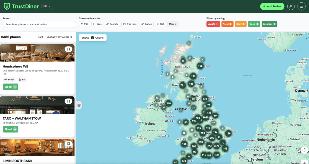 Screenshot TrustDiner Allergy Friendly Restaurants