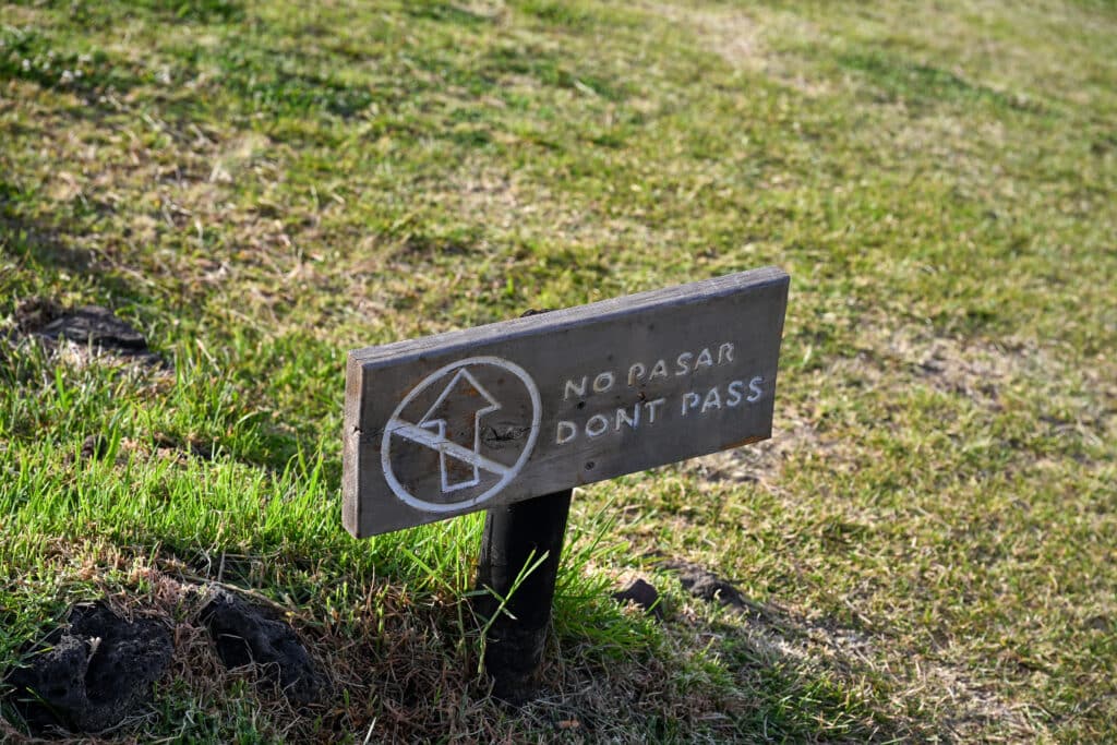 A small brown wooden sign sits in a patch of grass. White letters tell the viewer Not To Pass.
