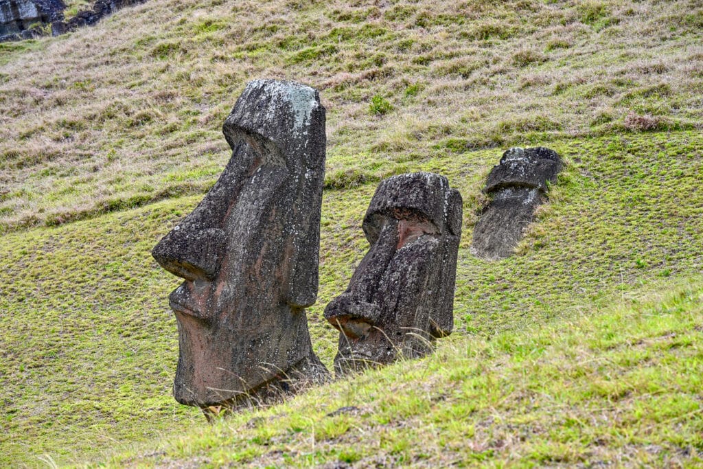 A grassy hill side with 3 stone figures in the centre. To the left a large carved head with a long nose and high forehead. A smaller head behind to the right. A smaller face in the grass behind to the right