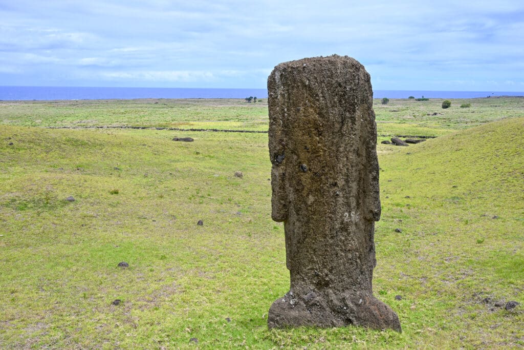 A yellowy green field of grass leads to the ocean on the horizon with pale cloudy sky above. In the foreground to the right is a tall stone human form statue looking away from the camera. It looks to have a long head and elongated ears.
